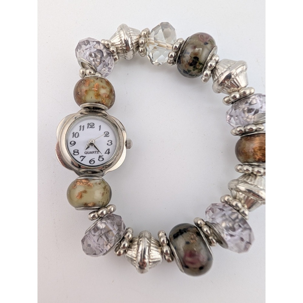 Women's Beaded Stretch Band Watch 24mm Silver Case- New Battery